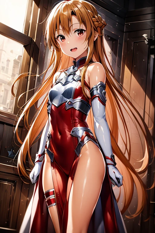 ((Highest quality)), ((masterpiece)), (be familiar with), Perfect Face, indoor, Bedroom, Watching the audience,
One woman, Yuuki Asuna,
Open Mouth, Ecstatic expression, blush, smile,
Small breasts, Flat Chest, , , child, Girl,
Long Hair, Long Hair,
Leg spread,