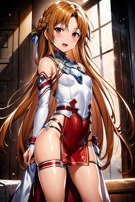 ((Highest quality)), ((masterpiece)), (be familiar with), Perfect Face, indoor, Bedroom, Watching the audience,
One woman, Yuuki Asuna,
Open Mouth, Ecstatic expression, blush, smile,
Small breasts, Flat Chest, , , child, Girl,
Long Hair, Long Hair,
Leg spread,