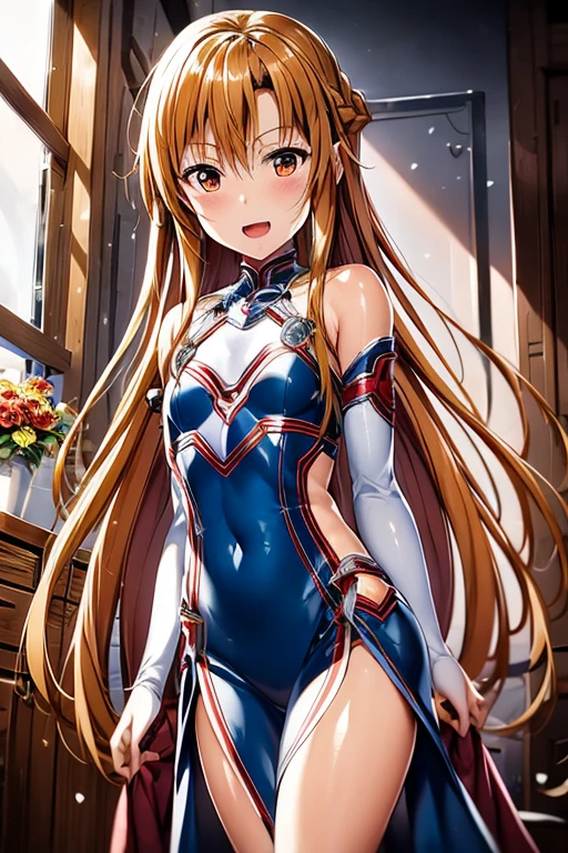 ((Highest quality)), ((masterpiece)), (be familiar with), Perfect Face, indoor, Bedroom, Watching the audience,
One woman, Yuuki Asuna,
Open Mouth, Ecstatic expression, blush, smile,
Small breasts, Flat Chest, , , , Girl,
Long Hair, Long Hair,
Leg spread,