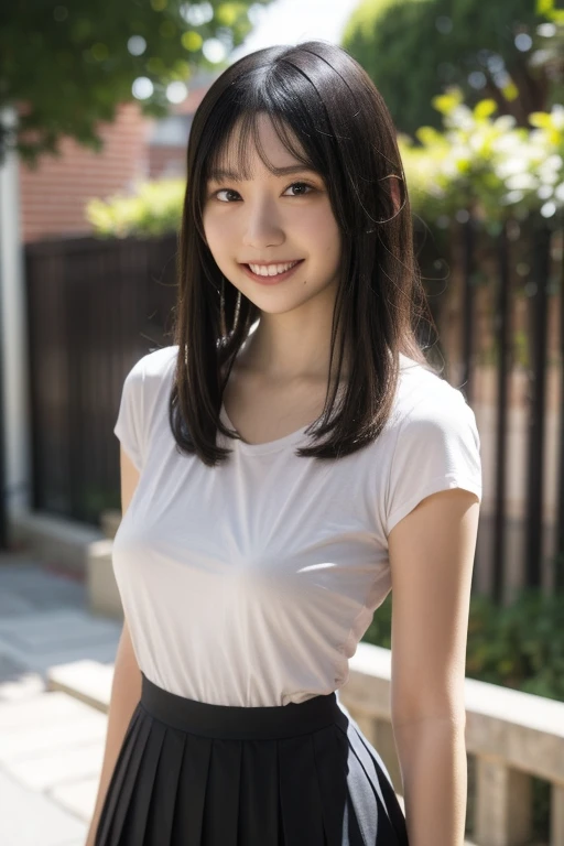 1girl,solo,skirt,smile,shirt,looking at viewer,long hair,twin tail hair style,((extra large breast)),white shirt,bangs,arm behind back,simple background,mole,pleated skirt,black hair,grin,grey skirt,short sleeves,holding,blunt bangs,grey background,teeth,brown hair,shirt tucked in,realistic,t-shirt,
best quality,masterpiece,illustration,an extremely delicate and beautiful,CG,unity,8k wallpaper,Amazing,finely detail,masterpiece,official art,extremely detailed CG unity 8k wallpaper,incredibly absurdres,huge filesize,ultra-detailed,highres,extremely detailed,beautiful detailed girl,realistic,outdoors,light contrast,