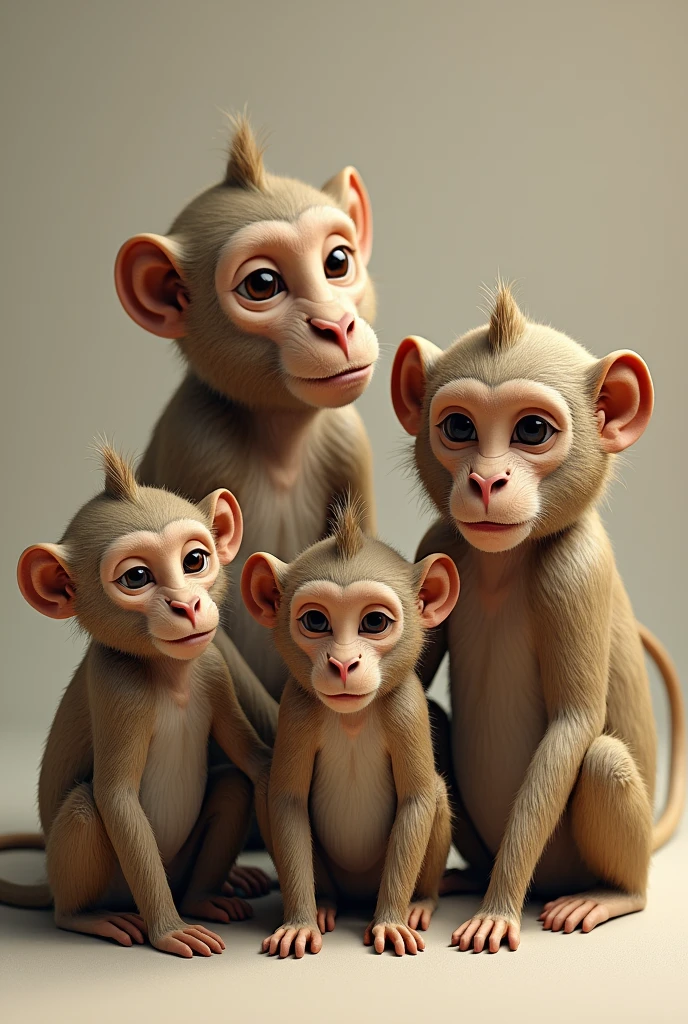 Create a picture of a monkey boy with a long tail who pleases 4 monkey girls at once.