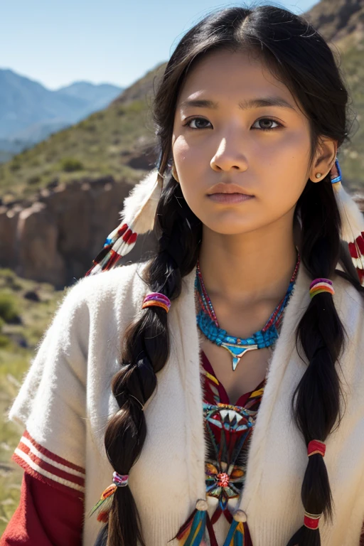 (best quality,4k,8k,highres,masterpiece:1.2),ultra-detailed,realistic,photorealistic:1.37, beautiful detailed eyes, beautiful detailed lips, extremely detailed face, longeyelashes, intimate view, classic oil painting, soft lighting, vibrant colors, warm tones, atmosphere, young and beautiful Ancient Native American Girl walking on on a field surrounded by mountains in ancient America, timid expression, random hairstyle, flawless skin texture, gentle breeze, elegant pose, nervous energy, afternoon ambiance, frontal shot, Wearing nativam, sunset