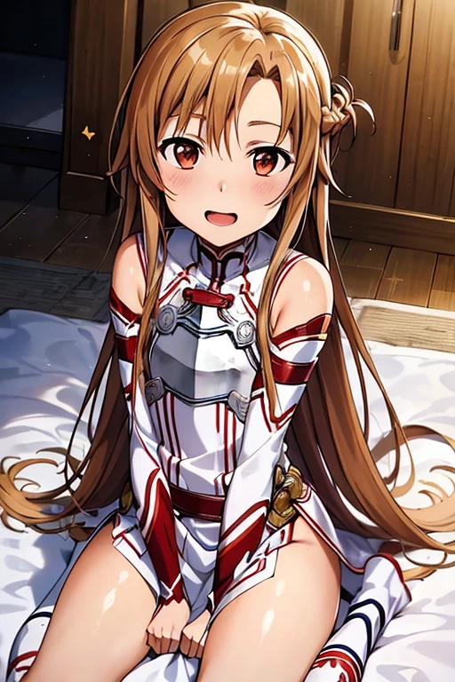 ((Highest quality)), ((masterpiece)), (be familiar with), Perfect Face, indoor, Bedroom, Watching the audience,
One woman, Yuuki Asuna,
Open Mouth, Ecstatic expression, blush, smile,
Small breasts, Flat Chest, , , child, Girl,
Long Hair, Long Hair,
Leg spread,