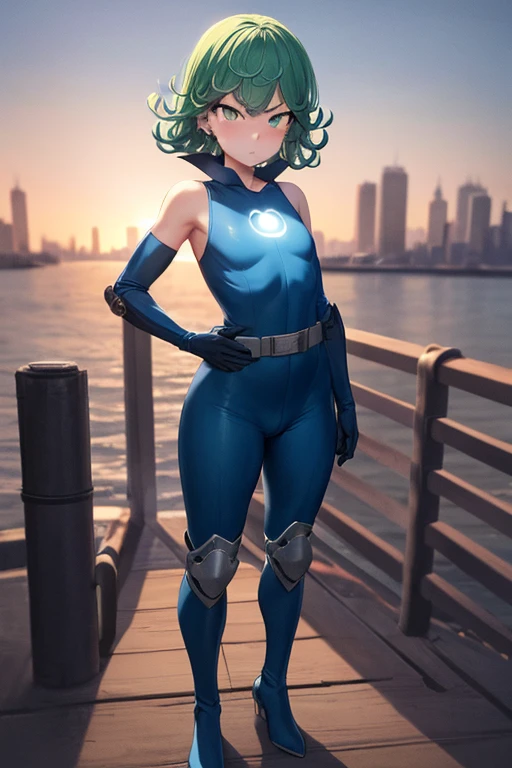 Masterpiece, Best Quality, Ultra Detailed, Illustration, Epic Lighting, Cinematic Composition, 1 Girl, Tatsumaki, Short Hair, Green Hair, Very Small Breasts, Green Eyes, Glowing Eyes, Pouting, Blushing, Closed Mouth, Piercing Gaze, Full Body, Black Collar, Tall, Thin, Shock Collar, Black Gloves, Black Chest Harness Belt, Light Blue Wrist Guards, Sleeveless, Light Blue Likeness Suit, Light Blue Suit With An Emblem, Orange Circular Emblem On Chest, Orange Emblem, Light Blue Pants, Gray Knee Pads, Metallic Light Blue Boots, Black Superhero Belt, City Background, Standing On A Pier By The Sea During Daytime, Looking At Viewer, Anime
