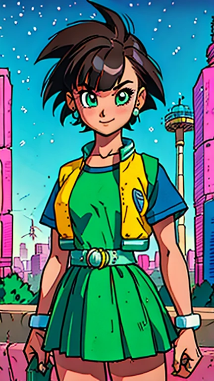 (Teens:1girl: ppgzbtc), (extremely detailed CG unit 8k wallpaper),(master part), (best quality), (ultra detail), (best illustration),(city-scene-aso), cowboy shot, (Sharp eyeliner, ombre, detailed eyes:1), night, cyberpunk city, outdoor, ,break , (toriyama akira), upper body, green eyes, short hair, earrings, yellow vest, green skirt