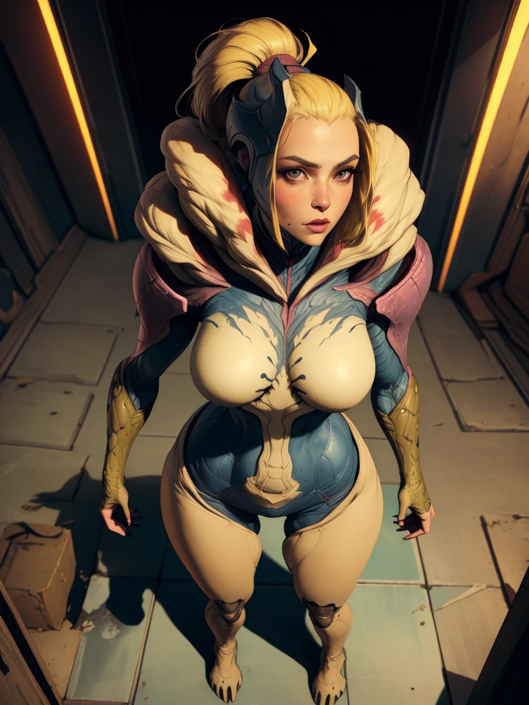 Saryn, standing, frontview, looking to the viewer. /she looks to the viewer), (((brunette human face with blonde strains and a ponytail))),  abadoned lavoratory. (insanely detailed,masterpiece, best quality),solo, claws. sharp feet.