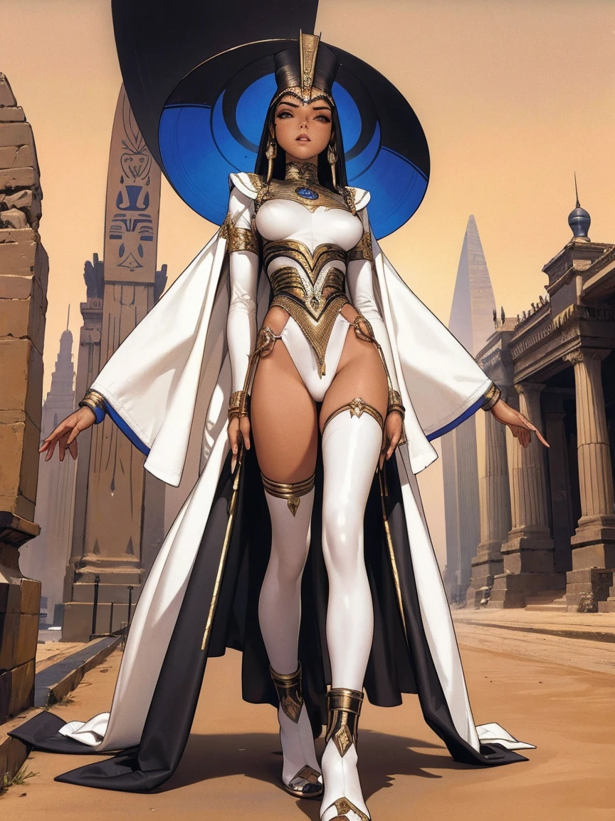 Osira, Black hair solo, hands together, hands down, flatchested,
GwyRob, white thighhighs, large gold mask, covered eyes, gold jewelry, white elbow gloves, tight white dress,
open cathedral, nighttime, moon,
(insanely detailed, beautiful detailed face, masterpiece, best quality) legend of queen opala, 1girl, osira (character), black hair, darkskinned female, yellow eyes, blunt bangs, big breasts, annoyed expression, looking at viewer