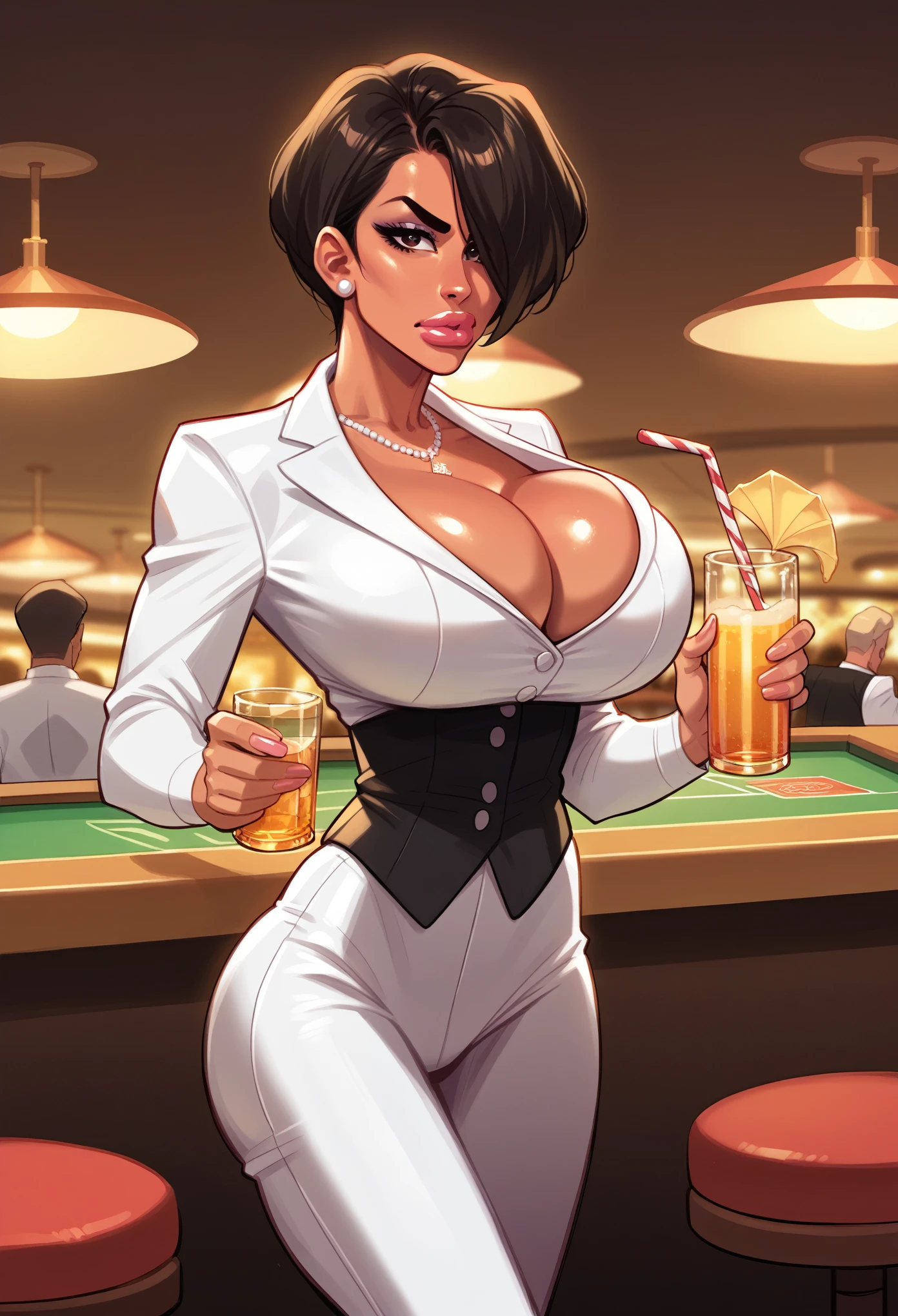 kiko, short hair, hair over one eye, asian, tanned skin, tanned, 35yo, mature woman, milf, serious, mad, dangerous, white female suit, cleavage, big breasts, suit pants, standing, serving drinks in a bar top of a casino, shiny design, cristal design, diamond pattern, elegant waitress