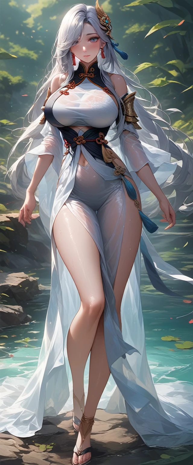 high quality,HD,16K,Sharp Line,1 Girl,fantasy, （Ice and Fire Goddess）,Pretty Face, Large Breasts, Beautiful legs,In the water,Focus Girl,detailed Pretty Face,Detailed clothes,beautiful eyes,Cool,Sexy,Dynamic Angle,穿着华服的神明Strike a pose拍照, Ancient mysterious sexy goddess, Traditional beauty woman, Beautiful female warrior god of war , Beautiful sexy goddess, Gorgeous role-playing, high, Beautiful young girl, Beautiful woman, 华丽Beautiful woman, Complex clothing,Chinese Mystical Aesthetics, Beautiful goddess ancient mysterious girl, Extremely detailed shot of the goddess, Jaw-dropping sexy beauty, Big breasts deep neckline sexy belly button（butt), (bedroom), (Sexy Girls), masterpiece, best quality, Bangs, blush, Chest, clavicle, Eyebrows visible through hair, (Ombre gold hair), Jewelry, Long hair,Bright Eyes, ring, (solitary), illustration, fashionable, miss, Strike a pose, background, element, confident, Express, Accessories, majestic, striking, key point, Dynamic poses, ((plump)), (purple))Woman in transparent dress,Viewer,(((Full breasts, Keeley University))),Slim waist,(Navel exposed,Bare waist), Long hair, extreme detailed details, 详细的fantasy艺术, Stunning character art, Beautiful and exquisite character art, Beautiful transparent dress, Very detailed, Large Breasts，Chest，Golden ratio figure，Beautiful figure，Ultra wide-angle shooting，Full body shot拍摄，Body close-up，Full body shot，Wearing a pleated tulle skirt，柔和动漫illustration, 柔和的深色background，Fujifilm XT3 Clear focus, f 5.6, High Detail, Clear focus,(Wearing openwork clothing),, (Natural light), (Tempting)translucent, Good velvet quality, Compared, Divine Light,, Silver hair, 夜空background, Absolute Strength,Female Shinmei，穿着性感丝绸的Female Shinmei,，Large Breasts，Chest，Golden ratio figure，Beautiful figure，Ultra wide-angle shooting，Full body shot，Body close-up，Full body shot， Wearing a tulle dress, Model shooting style, Large Breasts，饱满Chest，Golden ratio figure，Beautiful figure，(Extremely detailed CG 8k wallpaper unit), The most beautiful artistic photos in the world, , 8K 超HD, ) ，Sexy姿态，Sexy表情，best quality,masterpiece,Ultra-high resolution,(Practical:1.4),original photo,Ultra-high resolution