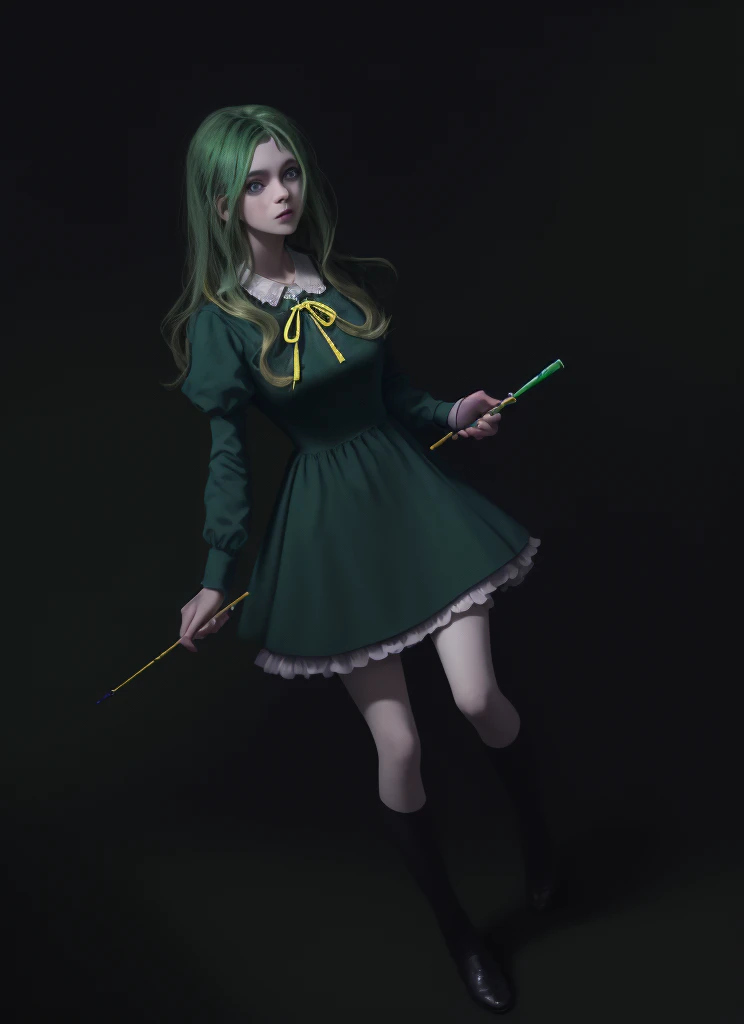 girl, ((Blue ribbon around neck)), Dark green frock, Yellow Hair, blue eyes, Black long tights, long Dark green frock with darkgreen sleeves, Brown shoes, ((Palette knife in her hand))