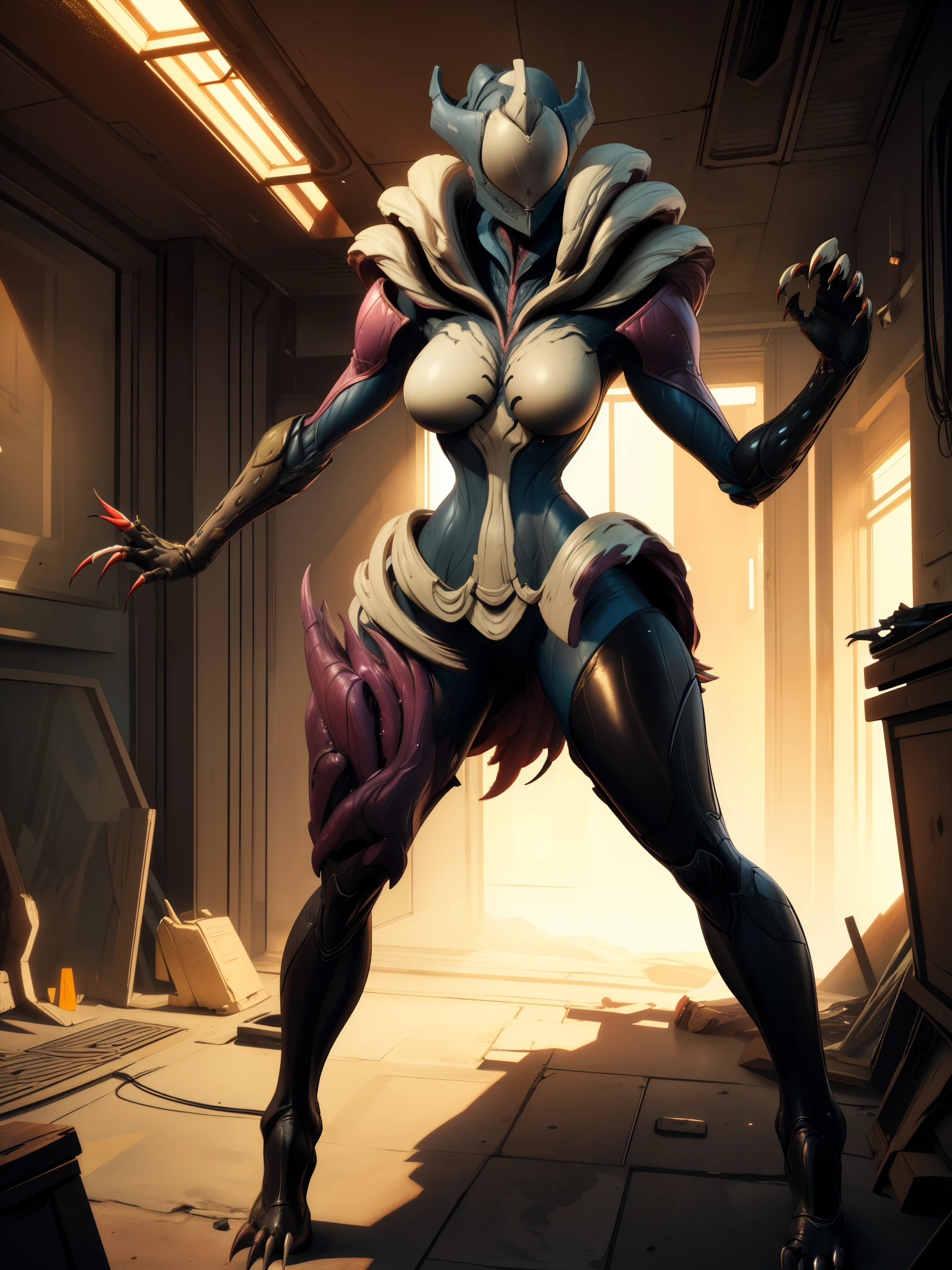 Saryn, standing, frontview, looking to the viewer. /she looks to the viewer), (((brunette human face))),  abadoned lavoratory. (insanely detailed,masterpiece, best quality),solo, claws. sharp feet. ((translucent visor)).