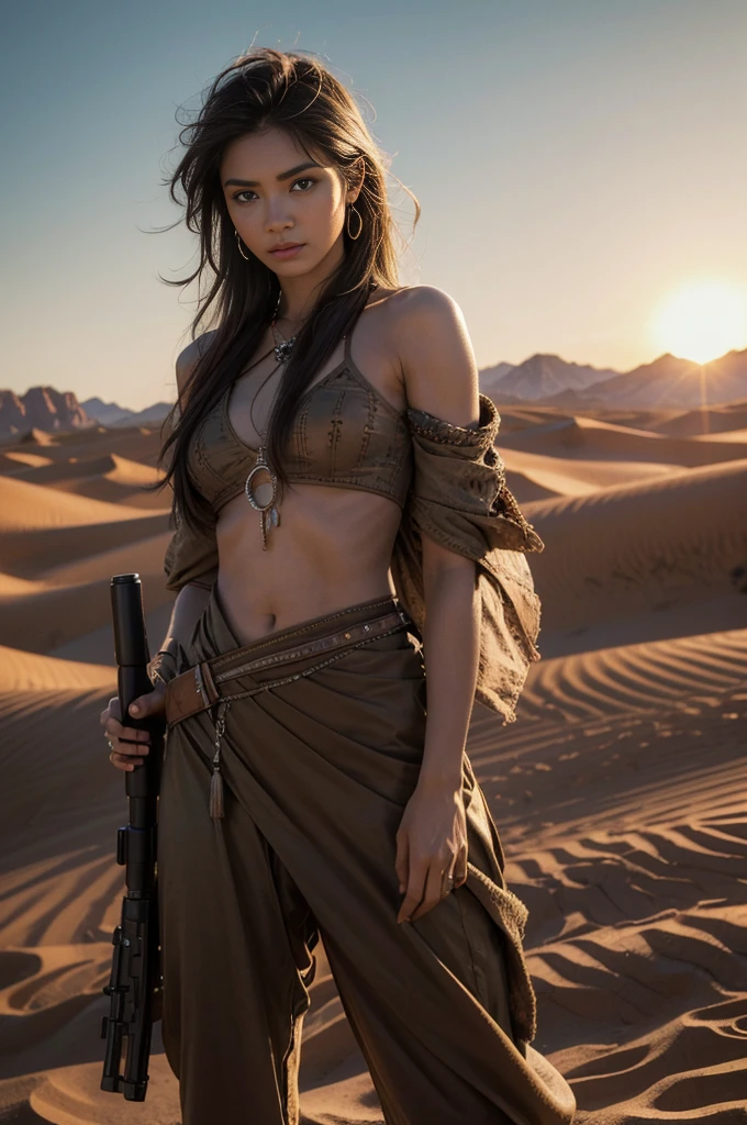 “(best quality,4k,highres,masterpiece:1.2),ultra-detailed,(realistic,photorealistic,photo-realistic:1.37),portraits,desert, rifle, detailed skin texture, tattoos, dramatic lighting, vibrant colors, sand dunes, intense gaze, long flowing hair, aged wooden stock, intricate engravings, bullet casing, dynamic pose, strong facial features, piercing eyes, desert sunset, rugged terrain, smoke trails, powerful stance, harsh shadows, dust particles, intricate jewelry, tribal motifs”