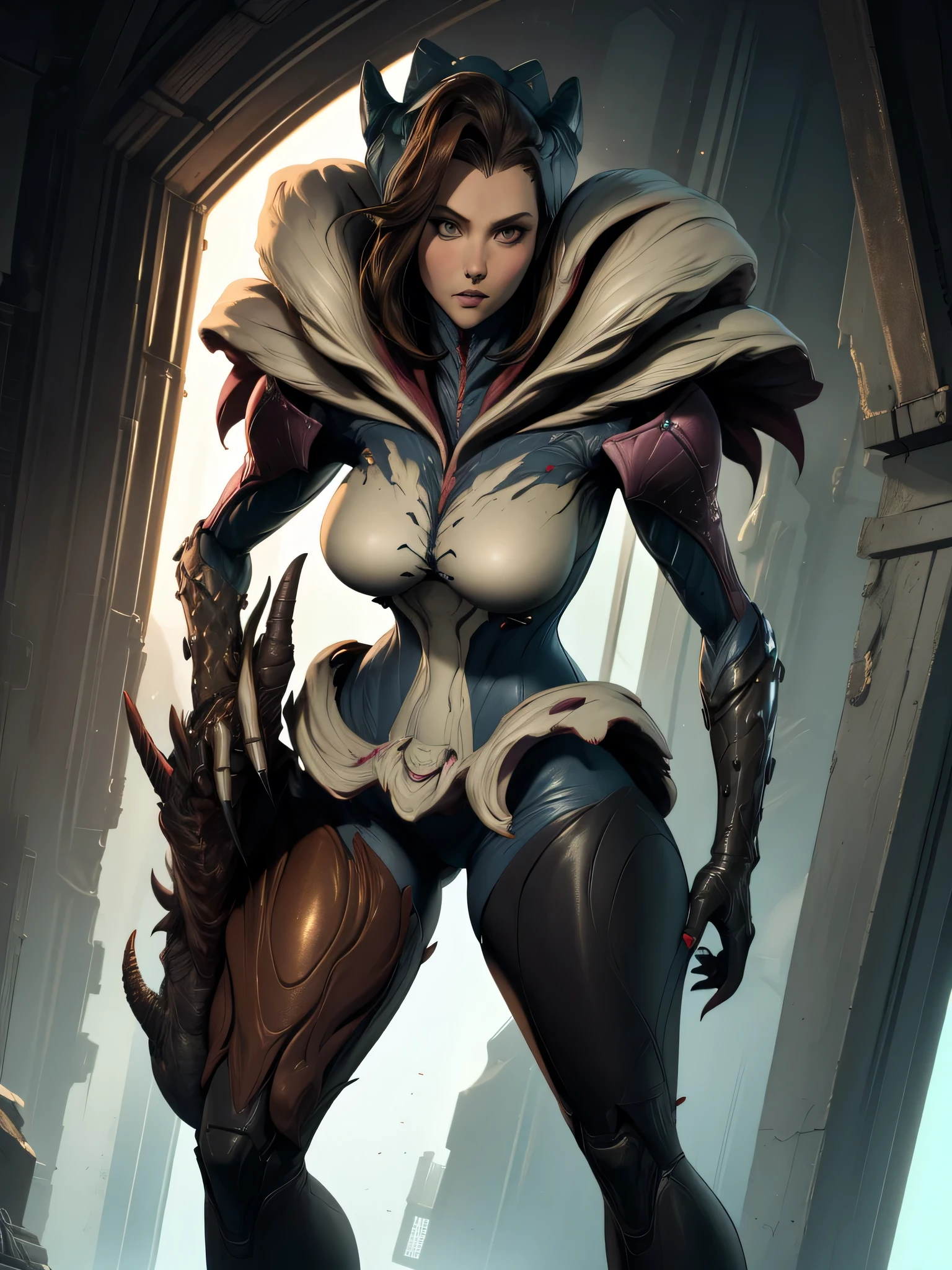 semi-realitic. Saryn, standing, frontview, looking to the viewer. /she looks to the viewer), (((brunette human facel))),  abadoned lavoratory. (insanely detailed,masterpiece, best quality),solo, claws. sharp feet.