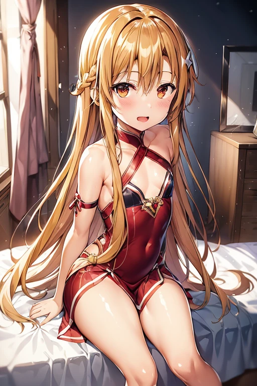 ((Highest quality)), ((masterpiece)), (be familiar with), Perfect Face, indoor, Bedroom, Watching the audience,
One woman, Yuuki Asuna,
Open Mouth, Ecstatic expression, blush, smile,
Small breasts, Flat Chest, , , child, Girl,
Long Hair, Long Hair,
Leg spread,