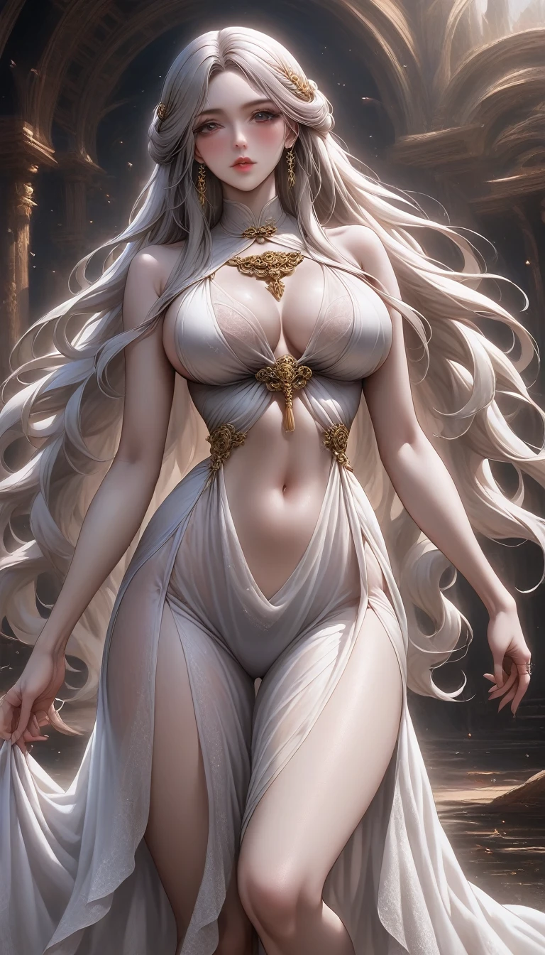 beautiful tan elf, gigantic bulging breasts, long flowing white hair, Dramatic lighting, elaborate, glossy shiny wet skin, high heels, sexy black and gold high slit mage robes, , black and gold witch hat, holding a small magical orb with an aura around it, HD, 4k