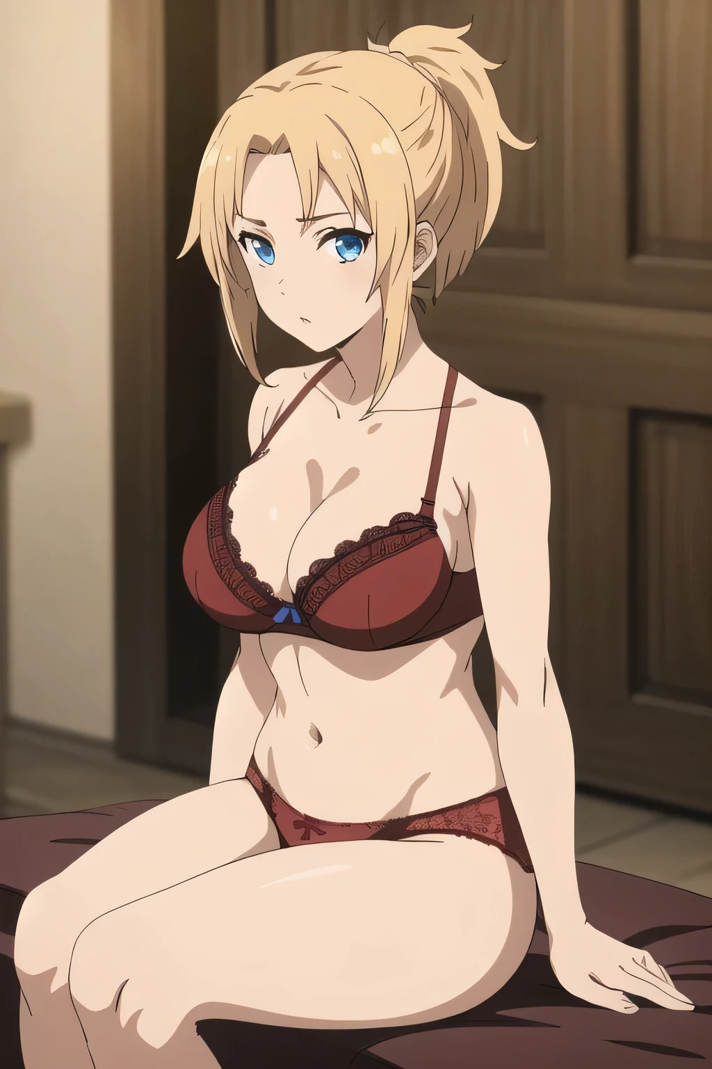 (masterpiece:1.2, best quality), (finely detailed beautiful eyes: 1.2), (extremely detailed CG unity 8k wallpaper, masterpiece, best quality, ultra-detailed), (masterpiece, best quality:1.2), 1girl, female solo, big breasts, rounded breasts, shining breasts, perfect eyes, perfect face, perfect body, seductive,, looking at viewer, cleavage, ponytail, long hair, blonde hair, blue eyes, seductive, red bikini, blush on face, blush, on her knees, sitting, spread legs, spreading legs,