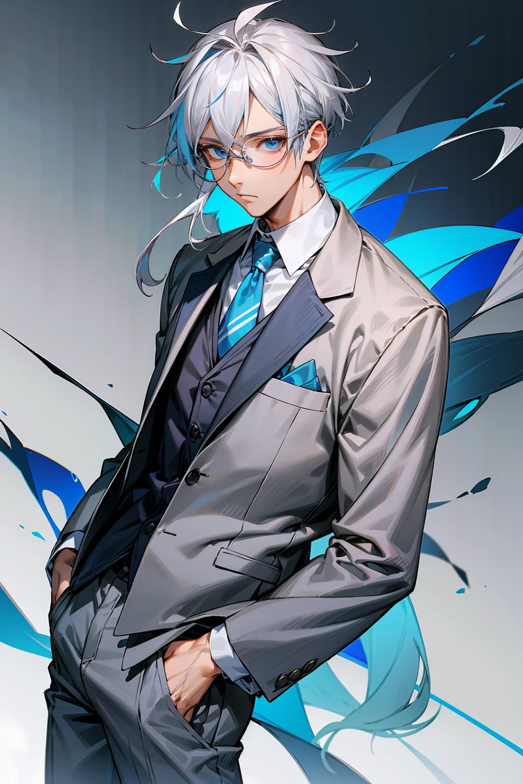 1male, Young Adult, Glasses, Blue Eyes, White Hair With Blue Highlights, Blue School Blazer, Grey School Vest, Grey Pants, School Clothes