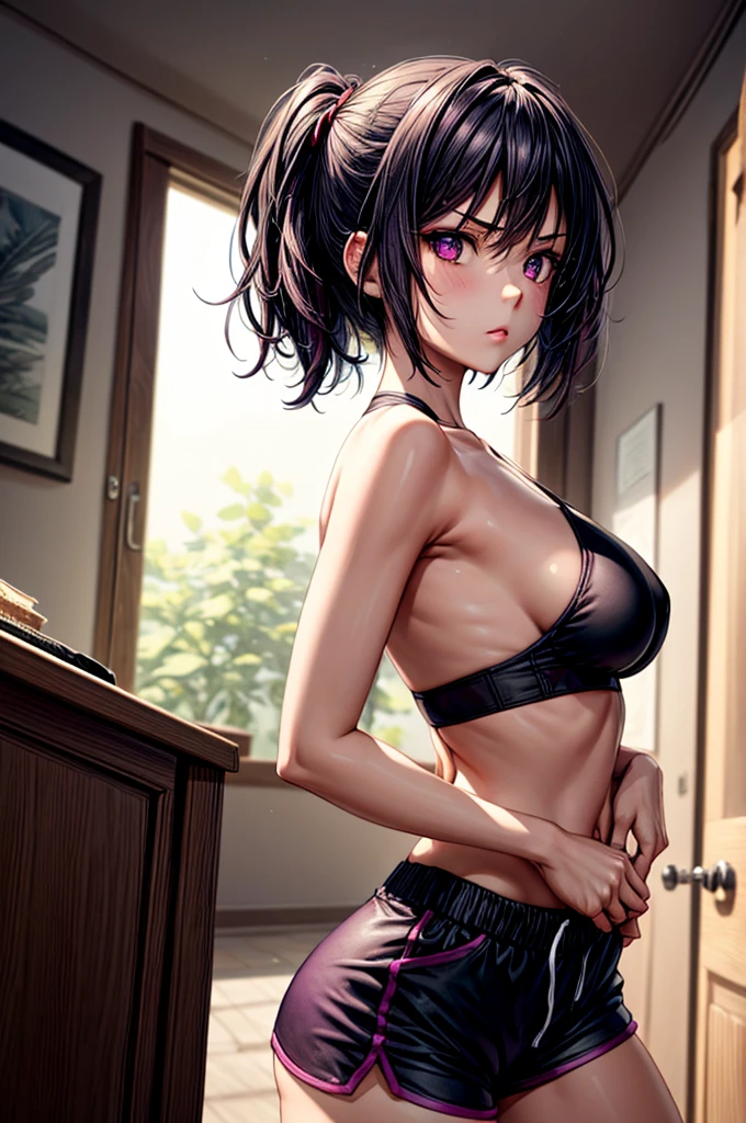 ((Sketch)), ((Watercolor)), ((best quality)), ((masterpiece)), (detailed), 4k image, anime style, beautiful young girl, sleek waist length dark violet-black hair, velvet colored eyes(mix of red and purple), serious and disdainful expression, sharp and arrogant facial features, full cherry pink lips, slim curvy body, tall height(180cm), narrow waist, D cup breasts, slim yet full curvy hips, oval shaped face, form-fitting sports bra and black form-fitting dolphin shorts, standing pose with body turned at an angle, hips flaring out, smooth lightly tanned white skin, natural indoor background with a bed and desk, soft daylight coming from the right side, casting gentle shadows, casual and slightly intense atmosphere, low angle, sharp focus on the subject, no motion blur, well-lit overall exposure, side view