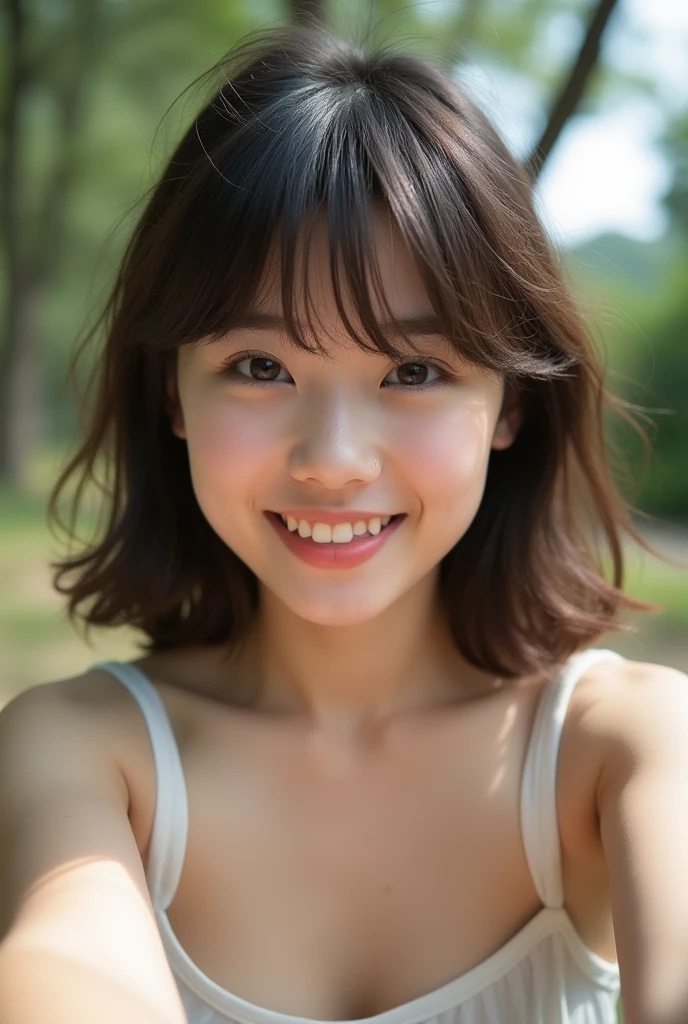 Neat and clean , person, nsfw,navel,naked, (slim, Small, Flat, Small), A dark-haired, Photorealistic, detail, Skin Texture, Ultra Detail, Wear sandals, delicate sexy collarbone, Smile, Super Detailed Face, Detailed lips, Detailed eyes, 10years old girl、Delicate eyebrows、Ball bokeh background、(Looking at the photographer)、colourfull、