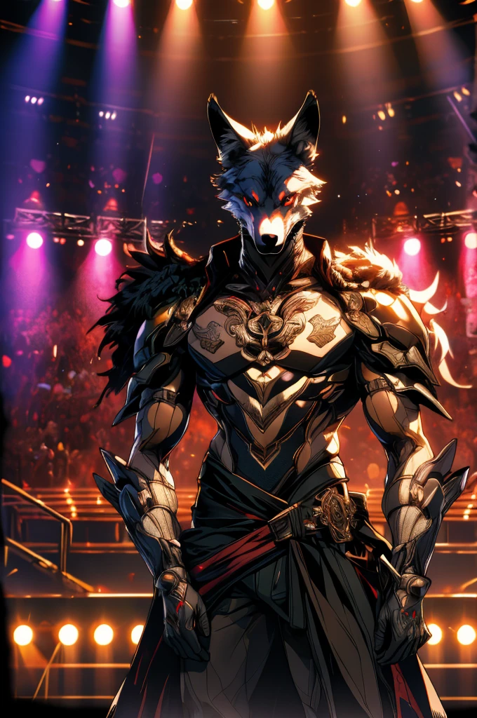 High resolution,absurdities,masterpiece,Best Quality,original,Extremely detailed CG,extremely detailed wallpaper,perfect lighting,looking at the viewer,bare hands,Standing on stage,1 man,blurred background,
To your liking,hull,mono,gloves,wolf shoulder pads, male(2,3, various heads on the shoulders and waist(3,3