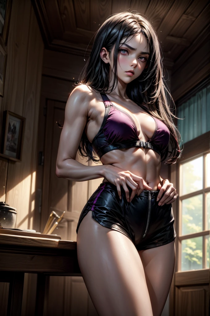 ((Sketch)), ((Watercolor)), ((best quality)), ((masterpiece)), (detailed), 4k image, anime style, beautiful young girl, sleek waist length dark violet-black hair, velvet colored eyes(mix of red and purple), serious and disdainful expression, sharp and arrogant facial features, full cherry pink lips, slim curvy body, tall height(180cm), narrow waist, D cup breasts, slim yet full curvy hips, oval shaped face, form-fitting sports bra and black form-fitting dolphin shorts, standing pose with body turned at an angle, hips flaring out, smooth lightly tanned white skin, natural indoor background with a bed and desk, soft daylight coming from the right side, casting gentle shadows, casual and slightly intense atmosphere, low angle, sharp focus on the subject, no motion blur, well-lit overall exposure, side view