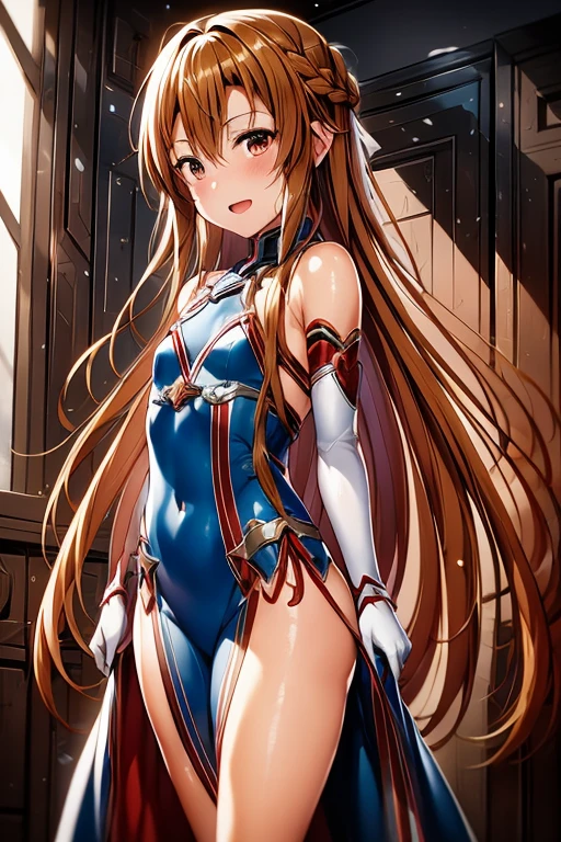 ((Highest quality)), ((masterpiece)), (be familiar with), Perfect Face, indoor, Bedroom, Watching the audience,
One woman, Yuuki Asuna,
Open Mouth, Ecstatic expression, blush, smile,
Small breasts, Flat Chest, , , child, Girl,
Long Hair, Long Hair,
Leg spread,