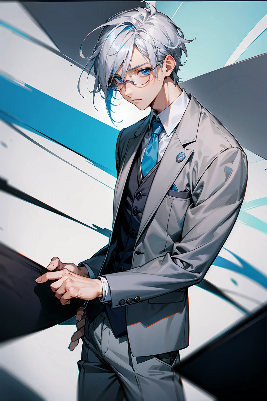 1male, Young Adult, Glasses, Blue Eyes, White Hair With Blue Highlights, Blue School Blazer, Grey School Vest, Grey Pants, School Clothes