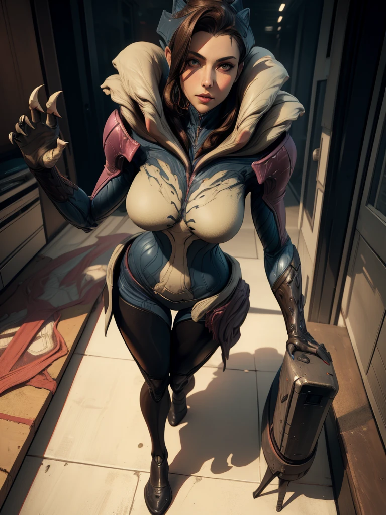 semi-realistic. Saryn, standing, frontview, looking to the viewer. /she looks to the viewer), (((brunette human face))),  abadoned lavoratory. (insanely detailed,masterpiece, best quality),solo, claws. sharp feet.