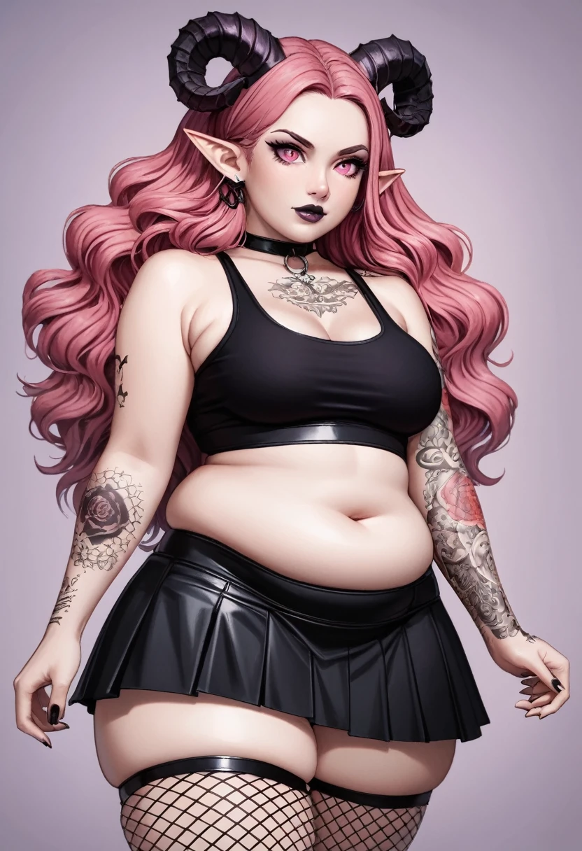 a 2d, handdrawn, gothic succubus anime character, she is slightly chubby and has purple skin and pastel pink eyes, pointed elf ears, two curved horns coming out of her head and long red wavy hair, she is wearing a tight black crop top, a black mini skirt and chunky black boots that go up to her knees, she is also wearing black fishnet tights, she has tattoos covering both her arms, a tattoo on her throat, and a black line tattoo across the bridge of her nose, she looks powerful and intimidating 