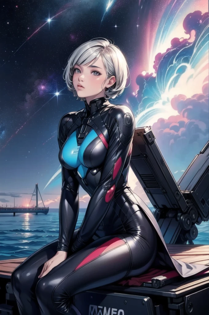  (20-year-old woman,short hair) at pier , sitting, flower, Futuristic clothing, machinery suit, (The background is a galaxy and nebula), summer, pier made by wood,