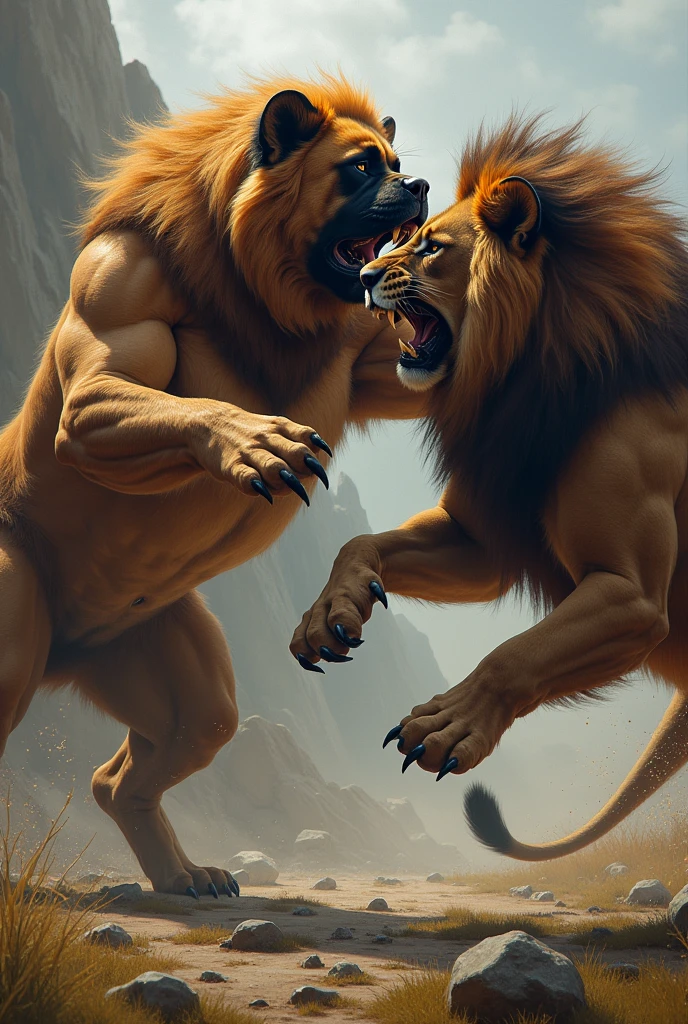 “((Masterpiece)), realistic style, ultra-detailed, high-quality, two anthro lions with muscular builds wearing boxing gloves and trunks, locked in a clinch inside the ring, struggling with exhaustion, coated in sweat and showing signs of fatigue.”
