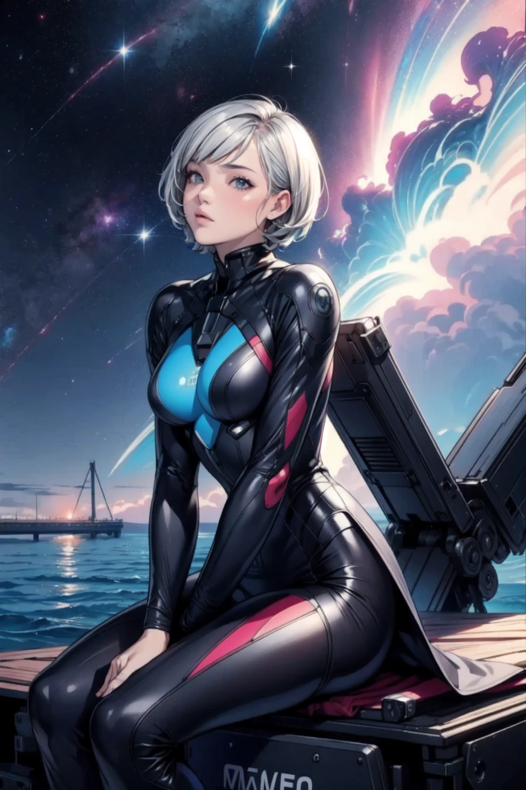  (20-year-old woman,short hair) at pier , sitting, flower, Futuristic clothing, machinery suit, (The background is a galaxy and nebula), summer, pier made by wood,