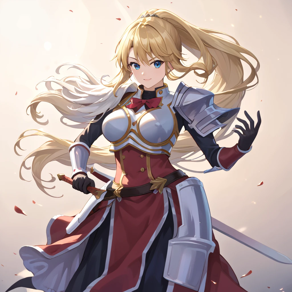 Masterpiece, 2D, anime , 1 girl, solo , plate armour , yellow and white color scheme, short gloves, holding a sword, animated warrior pose, long blonde flowing hair in a high ponytail, standing, looking straight ahead, dynamic feel, strong confident atmosphere, natural lighting, detailed illustration, soft shadows, fantasy setting, battle face, ambient light, detailed face, bright blue eyes,