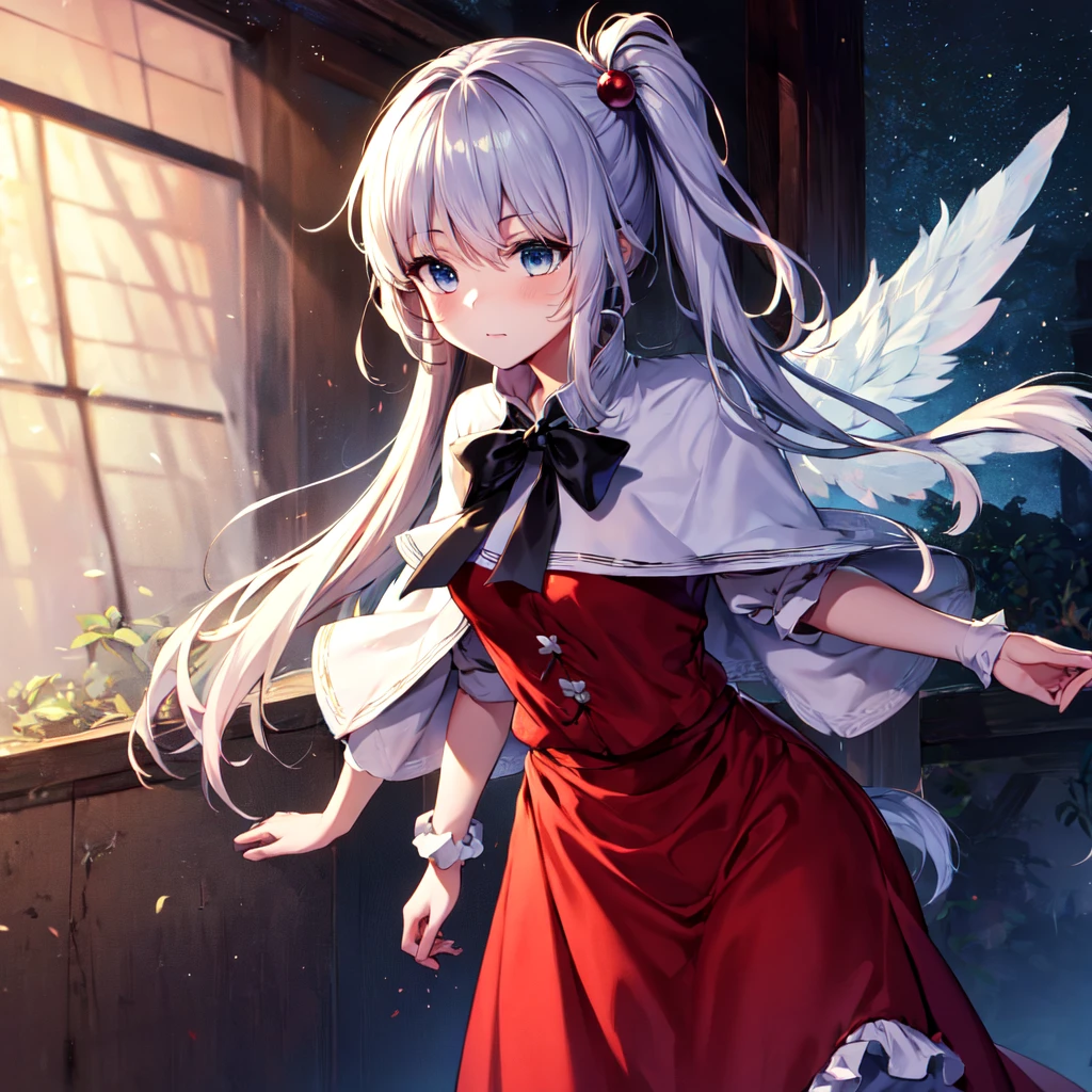 Shinki \(touhou\), light blue eyes, white hair, side ponytail, 1girl, hair bobbles, long hair, red dress, long sleeves, capelet, frilled capelet, boots, multiples wings, black bowtie