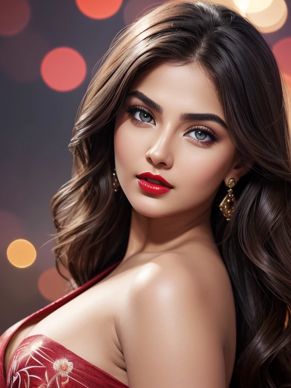 big , night bokeh effect background, Perfect pink eyes, Great face, Indian, Beautiful appearance, ((Red lips, Bright Eyes, Curve Heir 1.5)), ((Beautiful detailed body)), Amazing gorgeous, amazing beautiful face, Pretty face, Bright Eyes, allured chest, small waist, Elegant printed shirt with attention to detail, Updo Elegant Hair, Blurred gray tone background, super concentrated, Illuminate, Facial details, 8k resolution, I drew, Dry brush, Brush strokes,