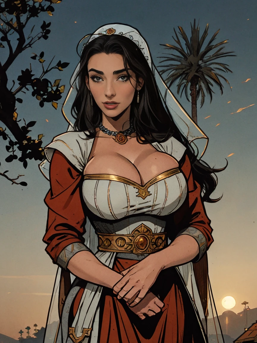Beautiful and sensual busty athletic (fine tune) brunette queen with striking facial features wearing a modest hairstyle, dark red medieval dress, long sleeves, intricate patterns, arabesques, wide neck, tails, veil, long robe, modest dress, tight bodice, (Silver Waist Chain), medieval jewelry, middle Ages, castle, wall, wand, outer, on top of a castle wand, Trees, hinterland, natta, sunset.