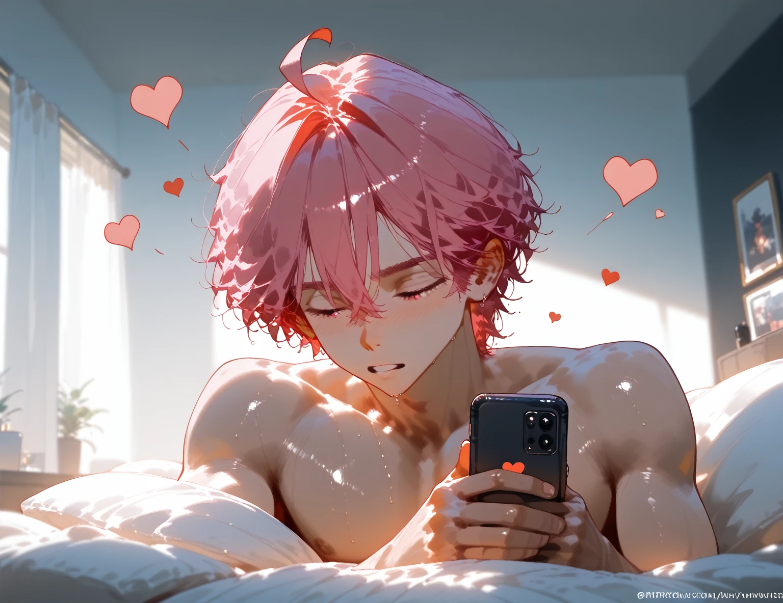 A boy with fluffy reddish pink hair, naked (no clothes), He has a cell phone in his hands, stares at the phone with a sweet, lustful look, hearts over his head,if you are masturbating 