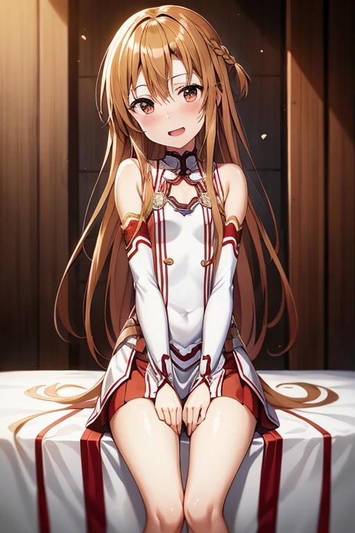 ((Highest quality)), ((masterpiece)), (be familiar with), Perfect Face, indoor, Bedroom, Watching the audience,
One woman, Yuuki Asuna,
Open Mouth, Ecstatic expression, blush, smile,
Small breasts, Flat Chest, , , , Girl,
Long Hair, Long Hair,
Leg spread,