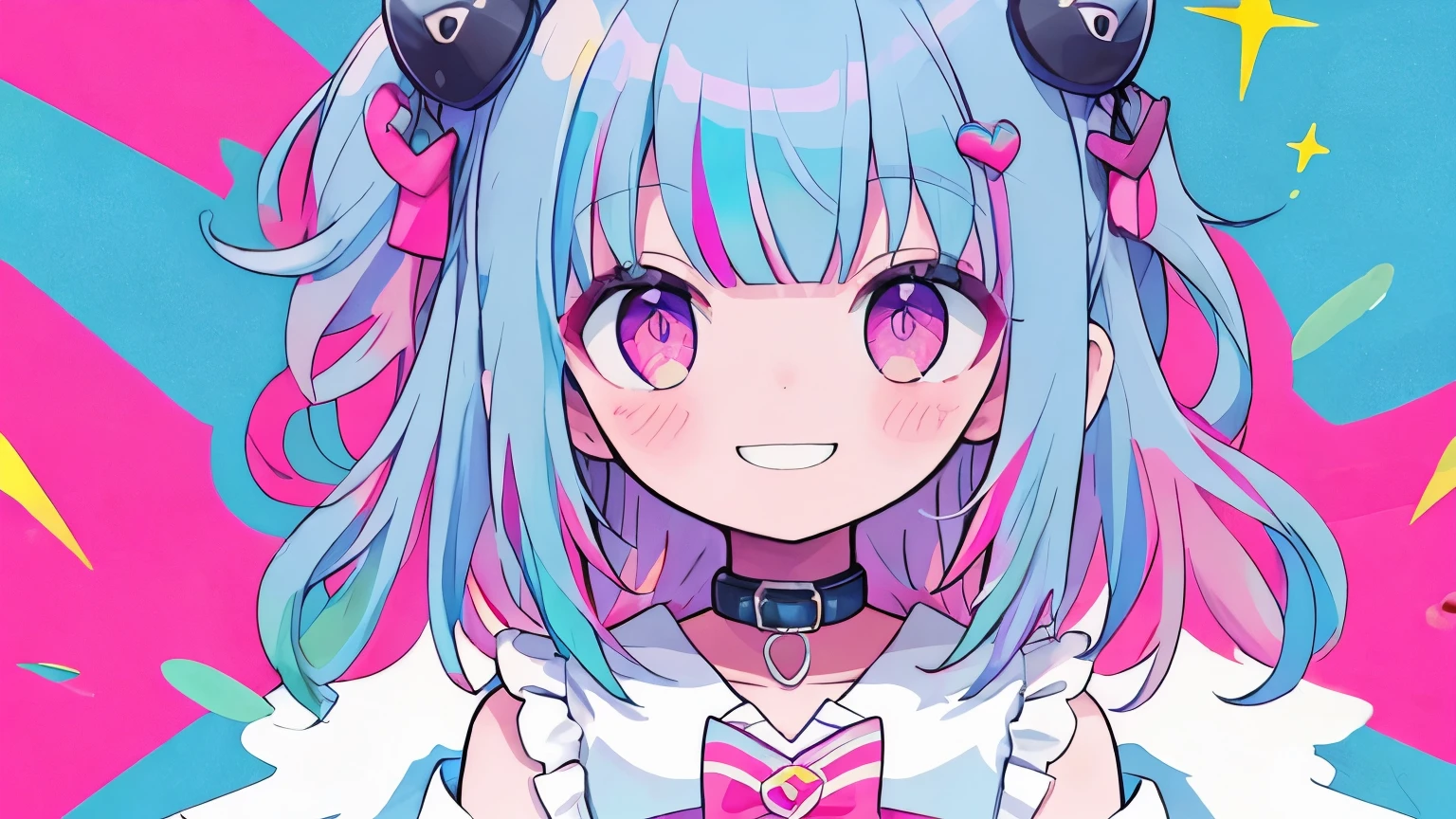 beautiful, High resolution, masterpiece, high quality, Very detailed, shape:1.5) One Girl,alone,heart 髪飾り,heart,heart 目,Multicolored Hair,spike,Upper Body,Pink Hair,dress,Black collar,Multicolored background,Pink Eyes,Purple eyes,bangs,Blue Hair,Medium Hair,smile
