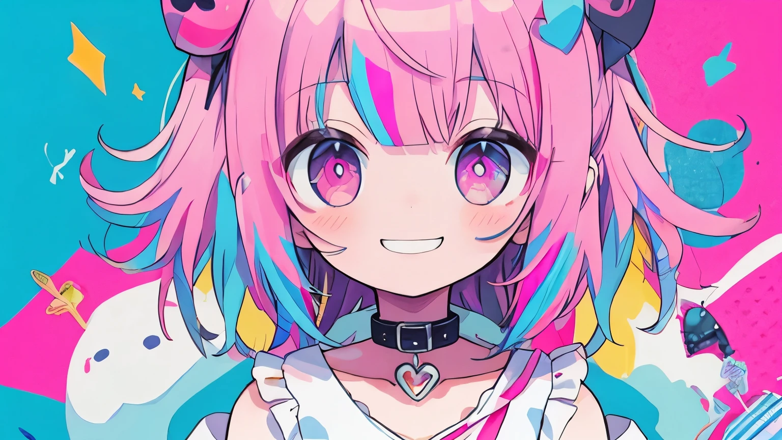 beautiful, High resolution, masterpiece, high quality, Very detailed, shape:1.5) One Girl,alone,heart 髪飾り,heart,heart 目,Multicolored Hair,spike,Upper Body,Pink Hair,dress,Black collar,Multicolored background,Pink Eyes,Purple eyes,bangs,Blue Hair,Medium Hair,smile
