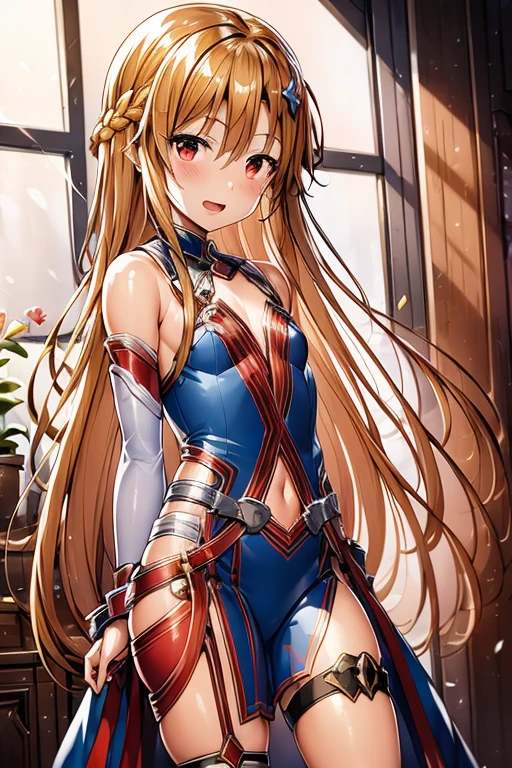 ((Highest quality)), ((masterpiece)), (be familiar with), Perfect Face, indoor, Bedroom, Watching the audience,
One woman, Yuuki Asuna,
Open Mouth, Ecstatic expression, blush, smile,
Small breasts, Flat Chest, , , , Girl,
Long Hair, Long Hair,
Leg spread,