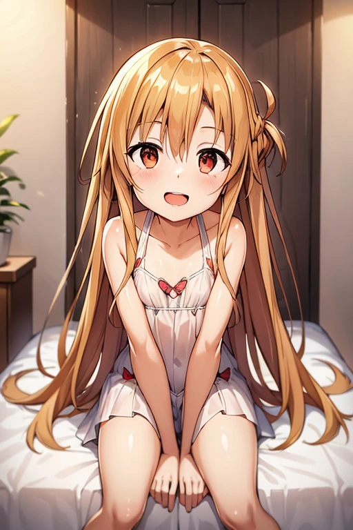 ((Highest quality)), ((masterpiece)), (be familiar with), Perfect Face, indoor, Bedroom, Watching the audience,
One woman, Yuuki Asuna,
Open Mouth, Ecstatic expression, blush, smile,
Small breasts, Flat Chest, , , child, Girl,
Long Hair, Long Hair,
Leg spread,