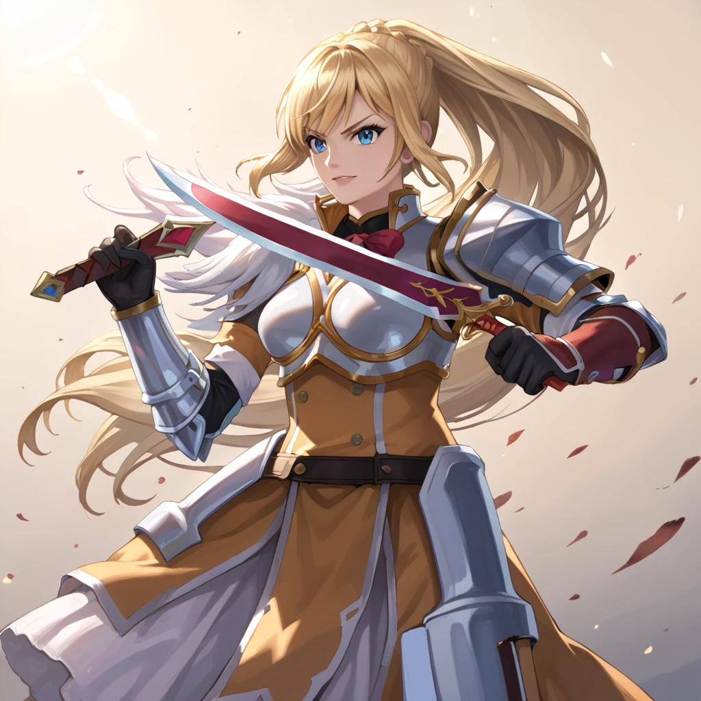 Masterpiece, 2D, anime , 1 girl, solo , plate armour , yellow and white color scheme, short gloves, holding a long paladin sword, swinging the sword, animated warrior pose, long blonde flowing hair in a high ponytail, standing, looking straight ahead, dynamic feel, strong confident atmosphere, natural lighting, detailed illustration, soft shadows, fantasy setting, very angry battle face, ambient light, detailed face, bright blue eyes