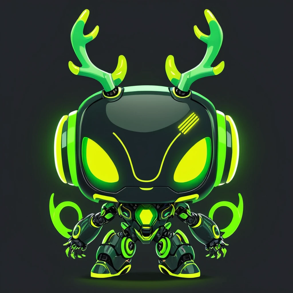 cute robot , green Antler with primary bright green color palette  with neon yellow yellow-white and darker green