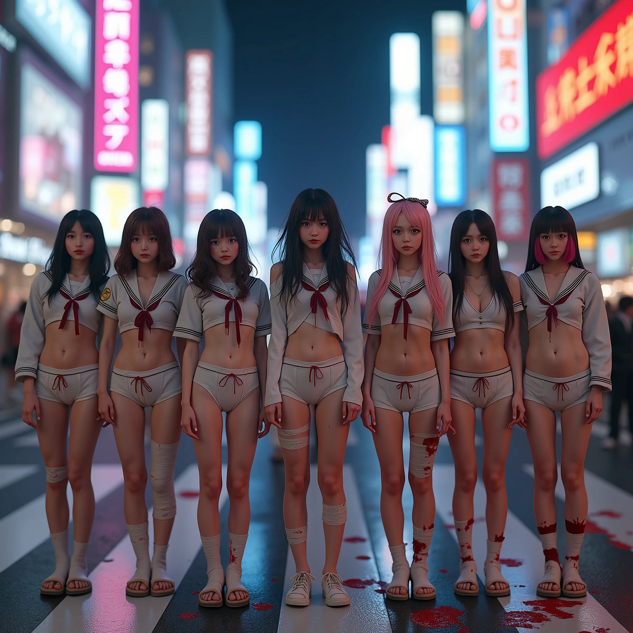 (((SFW, NSFW STILL SHOW, 12 Tiny Girls in a row:1.2, Shibuya Hachiko-mae scramble crossing on Halloween:1.2))), ((masterpiece:1.2, best quality, photorealistic:1.37)), { (Standing Full Body:1.2)|(from below:1.2) }, { bandaged full body | Cut-off Sailor Uniform }, { bandaged head | bandaged limbs | (( bleeding from pussy )) }, {((naked bandage))|metallic red nipple stickers}, {(bloody)|blood paste|(Blood-stained bandages| bloody inner thighs)}, ((Detailed KAWAII face, Detailed glistening ivory skin)), {Bustling street|Crossroads|(Passerby schoolgirls)| halloween| neon}, {(Childish:1.2|Gigantic Cleavage:1.37|Underboob:1.2)}, {Red leather high collar| Hair ornaments |shotgun|random hair colors}, {Floating hair|Strong wind|(((Ass focus, open thighs)))| flying magic | Skirtlift}, {(Kissing face to face)|:p|:d|laugh|sparkle|joyful|delighted|Drunk},extremely Detailed,