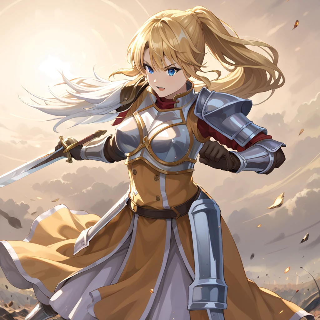 Masterpiece, 2D, anime , 1 girl, solo , plate armour , detailed background, female knight standing on the battleground of the arena, yellow and white color scheme, short gloves, holding a long medieval knight sword with two hands, swinging the sword, animated warrior pose, long blonde flowing hair in a high ponytail, standing, looking straight ahead, dynamic feel, strong confident atmosphere, natural lighting, detailed illustration, soft shadows, fantasy setting, very angry battle face, ambient light, detailed face, bright blue eyes