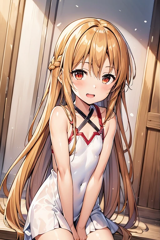 ((Highest quality)), ((masterpiece)), (be familiar with), Perfect Face, indoor, Bedroom, Watching the audience,
One woman, Yuuki Asuna,
Open Mouth, Ecstatic expression, blush, smile,
Small breasts, Flat Chest, , , , Girl,
Long Hair, Long Hair,
Leg spread,