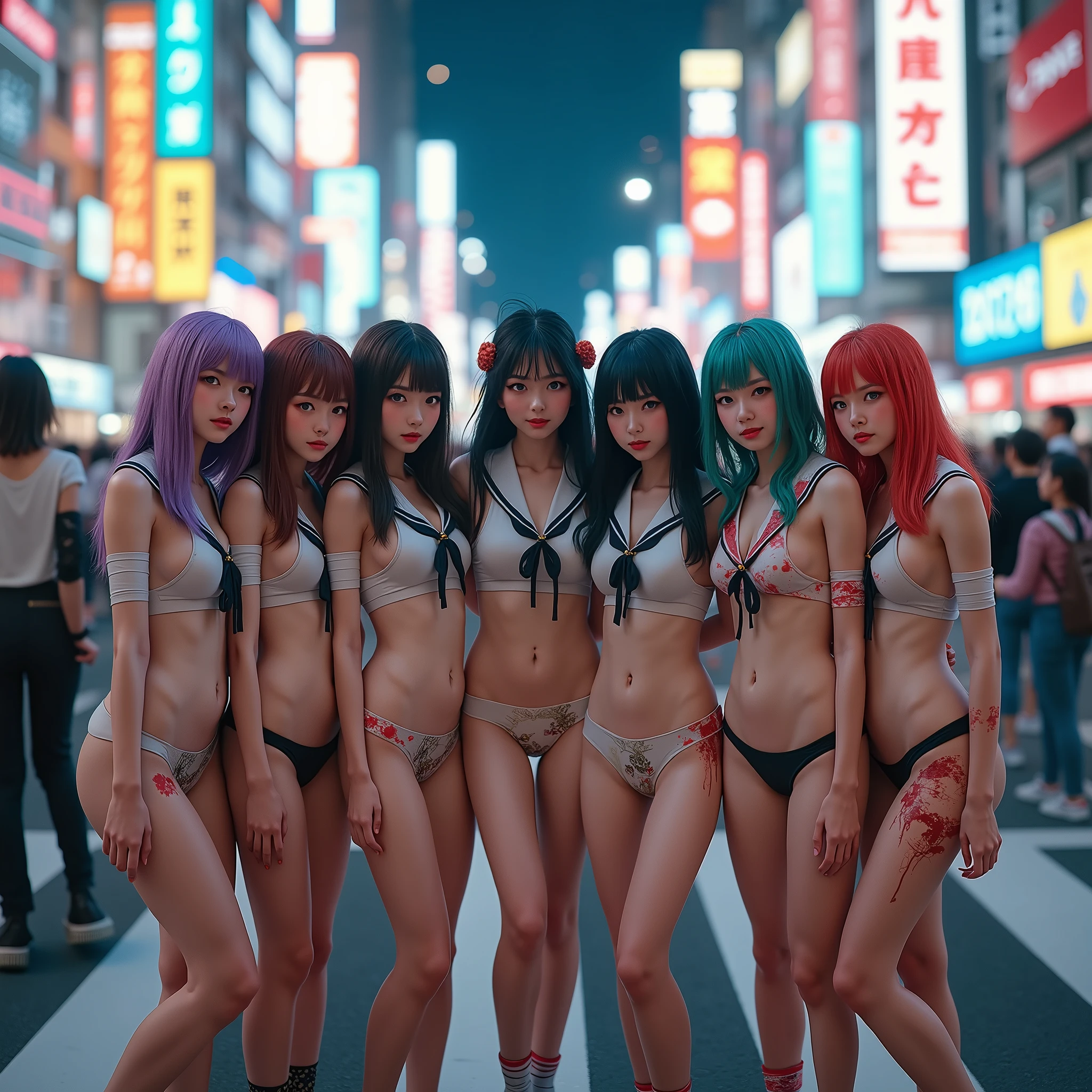 (Full Body of Extremely Detailed((Sexy Ladies Group in a row:1.37))), KAWAII perfect face, Reflective Eyes, Detailed(Delicate Clothing textures), Correct graceful legs, Dynamic Joyful Expressions LifeLike Rendering, Specular Reflection, TopQuality 8K Ultra-detailed masterpiece (ProfessionalPhoto:1.37), (Acutance:0.8), (Luminism:1.28), ((Shibuya Scramble Crossing)), (Colorful Light particles), ((Full body from side)) {MicroMini Skirt|Kissing Face to Face|Undressing|Thigh Gap|Cute Peach AssFocus|NakedApron with SideBoob}, Radiant Fine Skin with Transparency, {Pink Hair|LightBlue Hair|Pure White Hair|Blonde|Liquid Hair|Red HighHeels}, Perfect Lighting