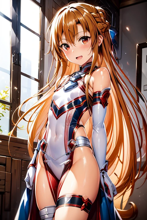 ((Highest quality)), ((masterpiece)), (be familiar with), Perfect Face, indoor, Bedroom, Watching the audience,
One woman, Yuuki Asuna,
Open Mouth, Ecstatic expression, blush, smile,
Small breasts, Flat Chest, , , child, Girl,
Long Hair, Long Hair,
Leg spread,