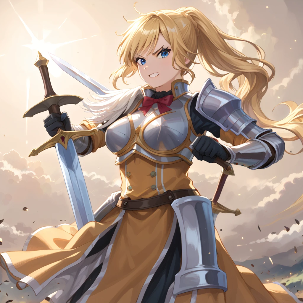 Masterpiece, 2D, anime , 1 girl, solo , plate armour , detailed background, female knight standing on the battleground of the arena, yellow and white color scheme, short black gloves, holding medieval knight sword, swinging the sword, animated warrior pose, long blonde flowing hair in a high ponytail, standing, looking straight ahead, dynamic feel, strong confident atmosphere, natural lighting, detailed illustration, soft shadows, fantasy setting, very angry battle face, ambient light, detailed face, bright blue eyes